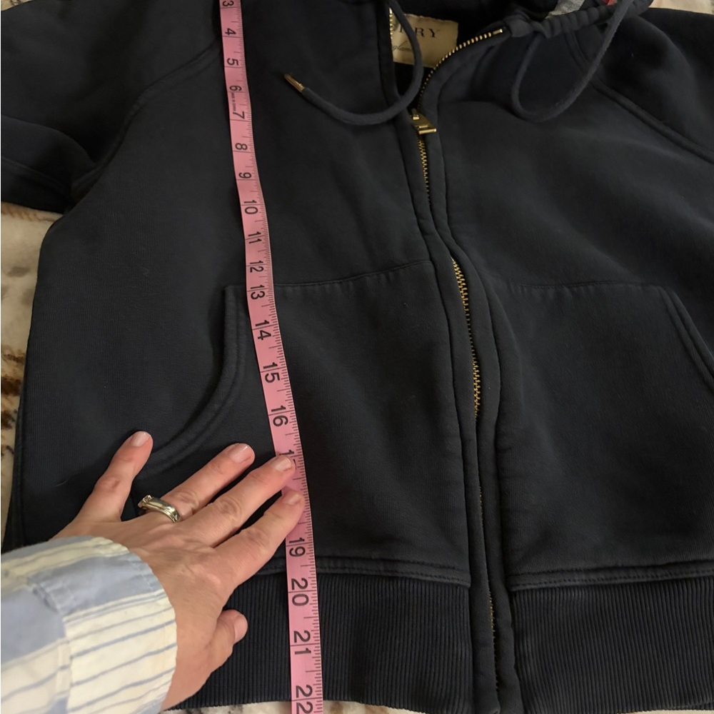 Great condition Burberry Navy Hoodie with Plaid Accent. Gold Burberry zipper. - Picture 17 of 17